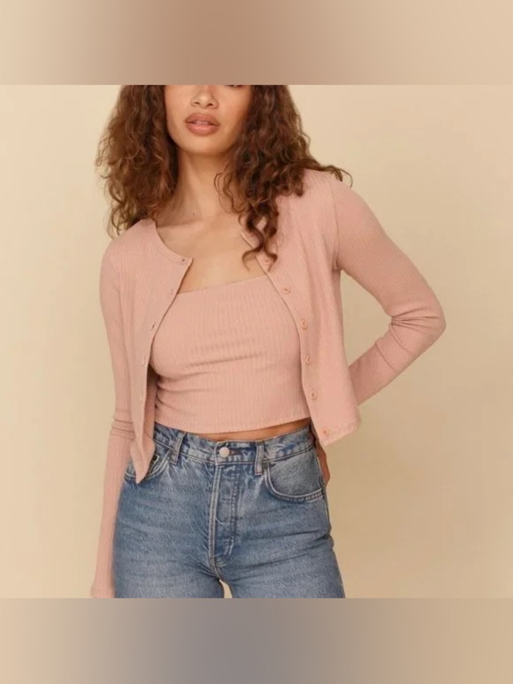 Reformation Ruby Cardigan Ribbed Set- Cream - Picture 3 of 5
